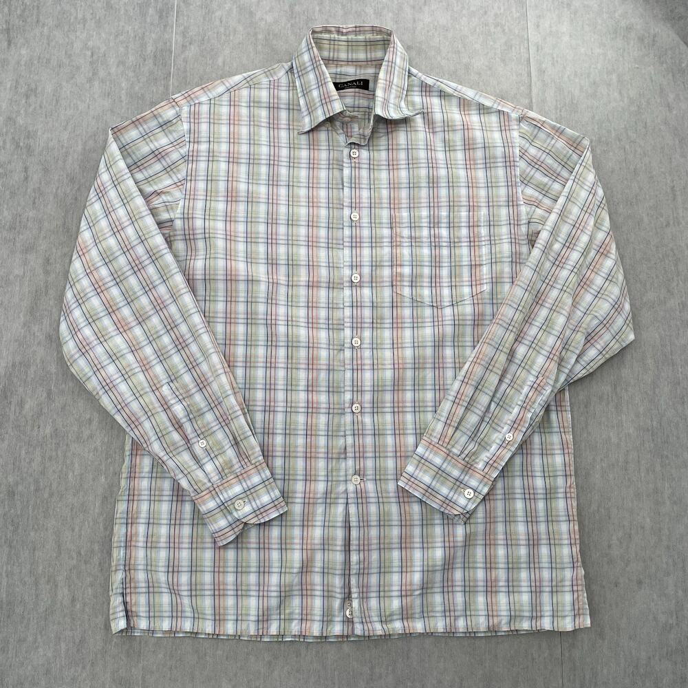 Canali Shirt Adult Large Plaid Button Up Long Sleeve Cotton Made In Italy Mens L